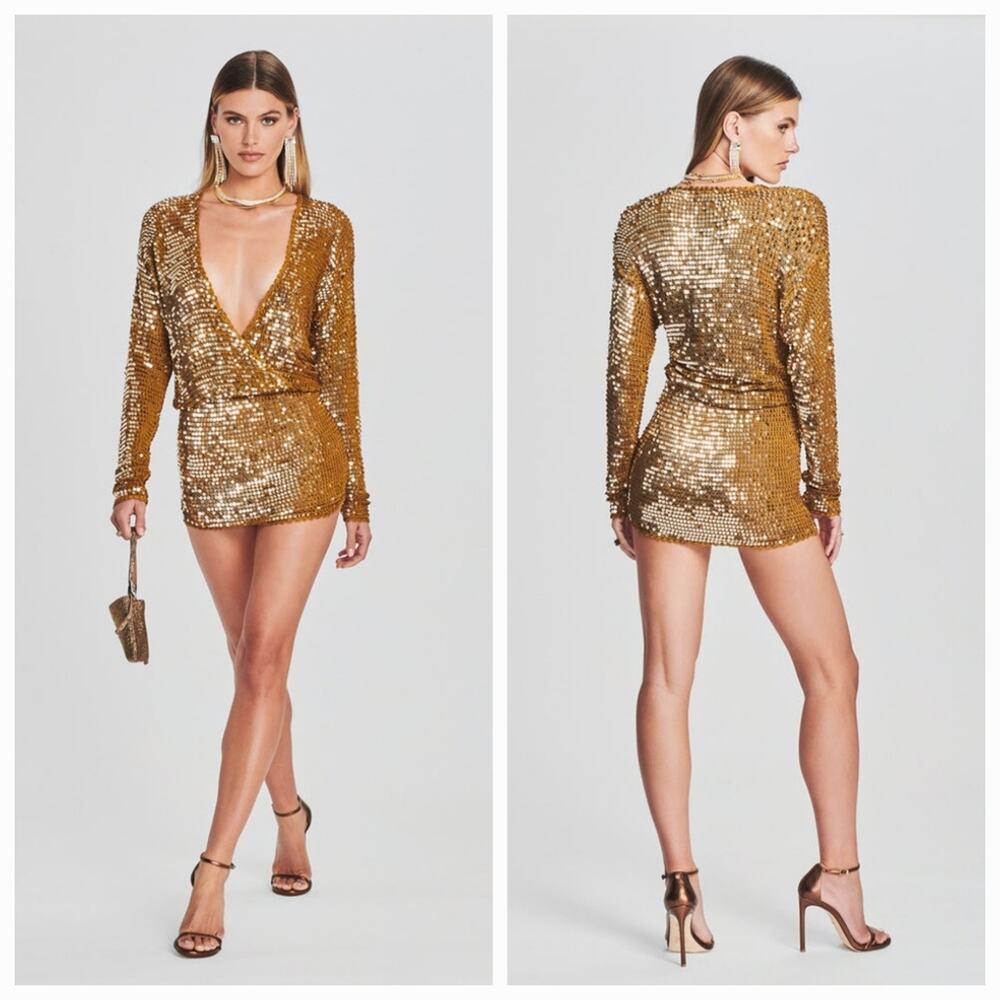 Retrofete Gold Sequin Long-Sleeve Mini Dress
